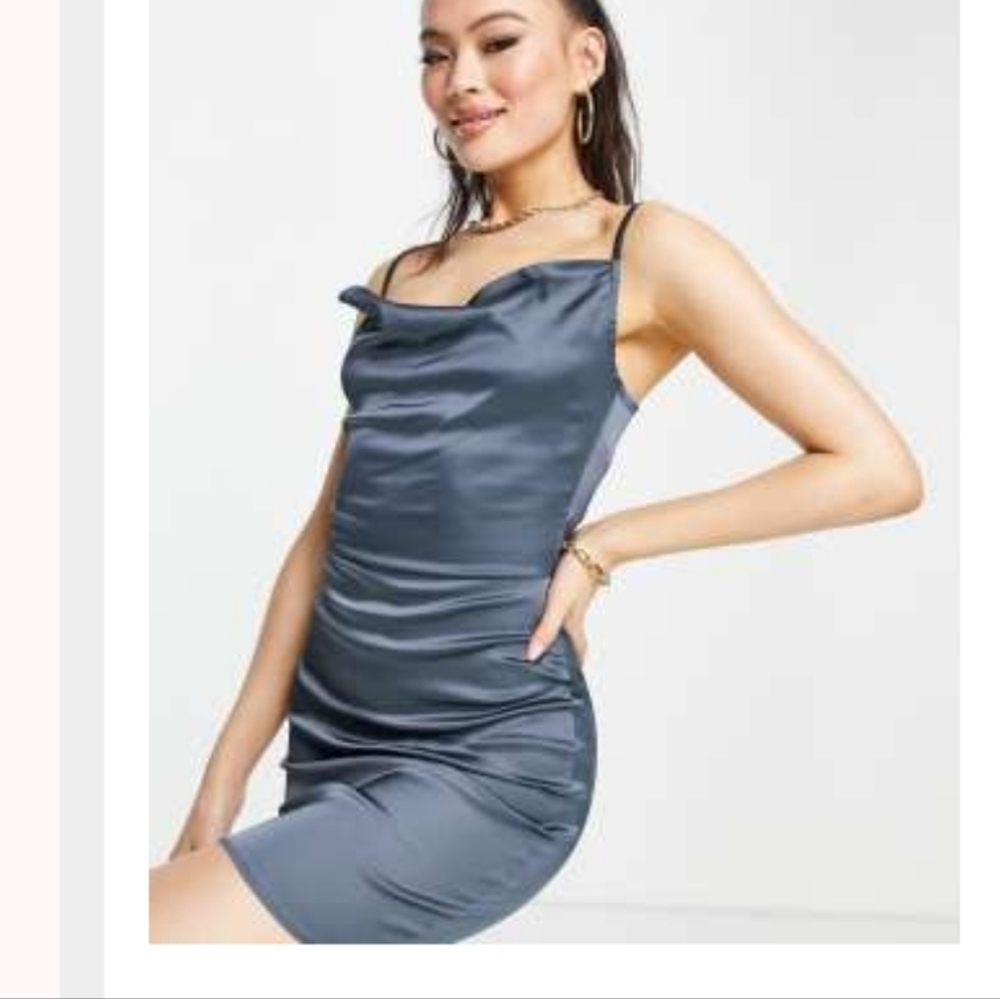Parisian Works Steel Blue Satin Mini Dress